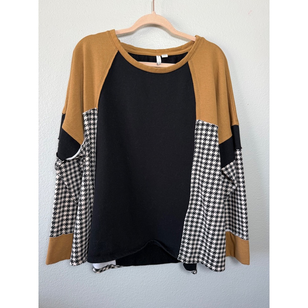 Cato Plus Size 18/20W Colorblock Houndstooth Patchwork Sweatshirt Mustard Black